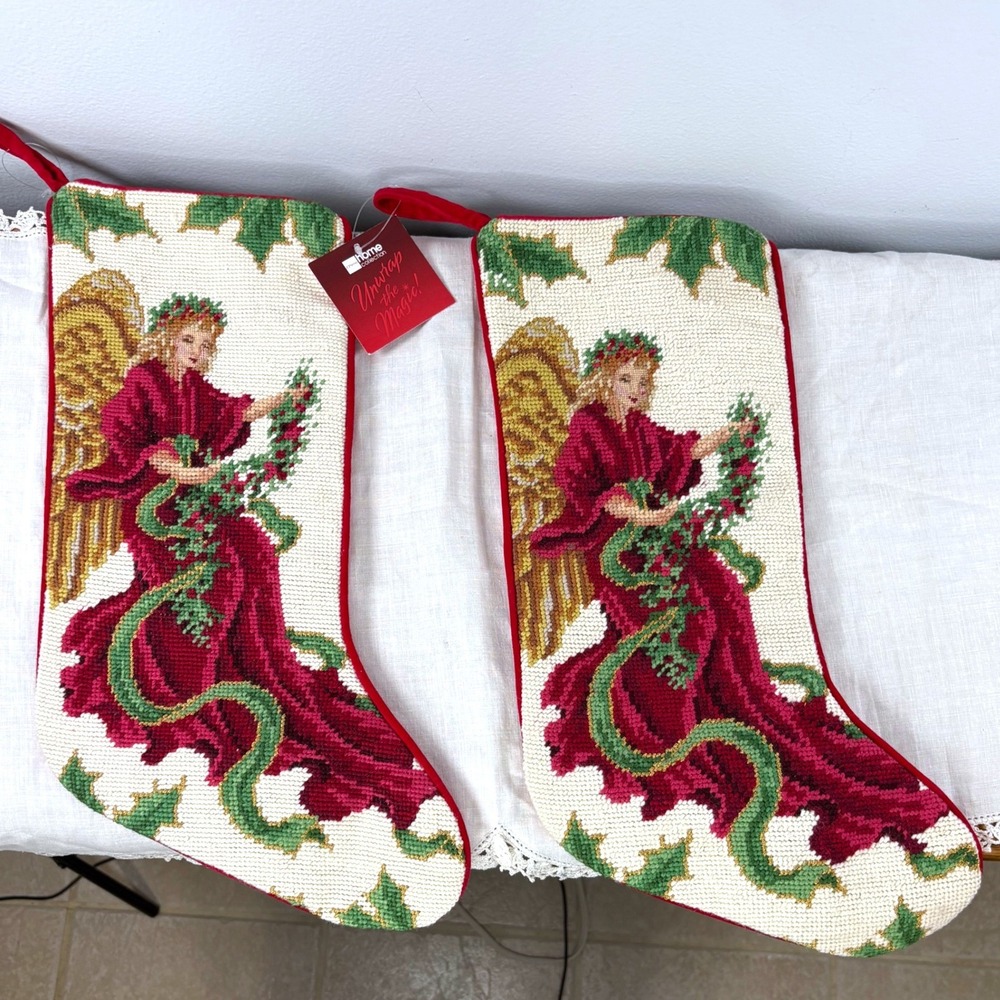 JCPenney Home Needlepoint Angel Christmas Stockings Set of 2 Wool